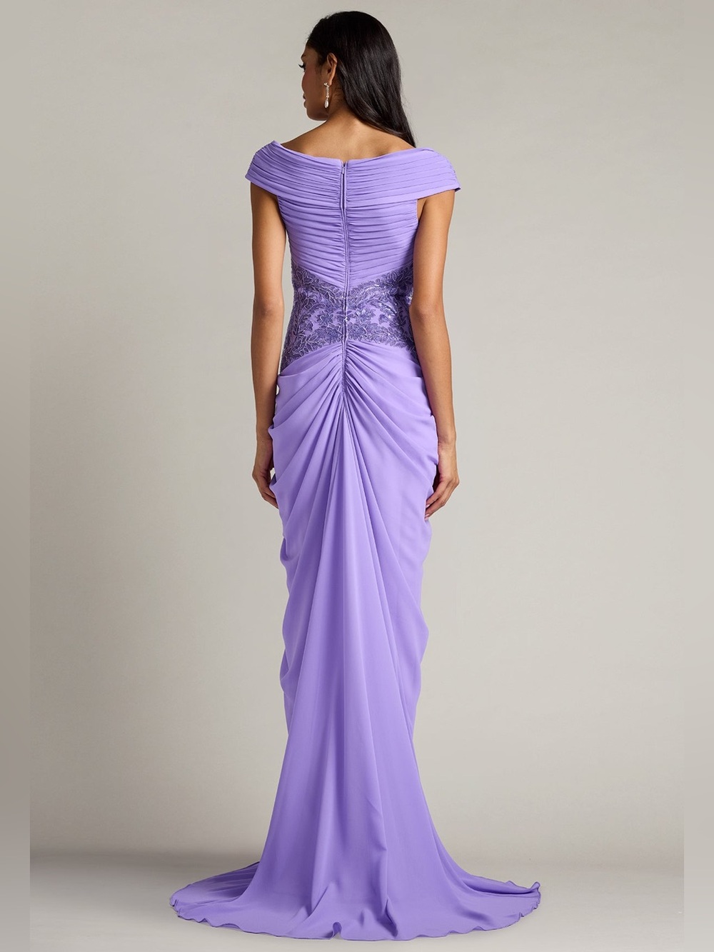 Tadashi Shoji Mihaley Lavender Mist Embroidered Waist Drape Maxi Gown Dress $538 - Picture 4 of 11